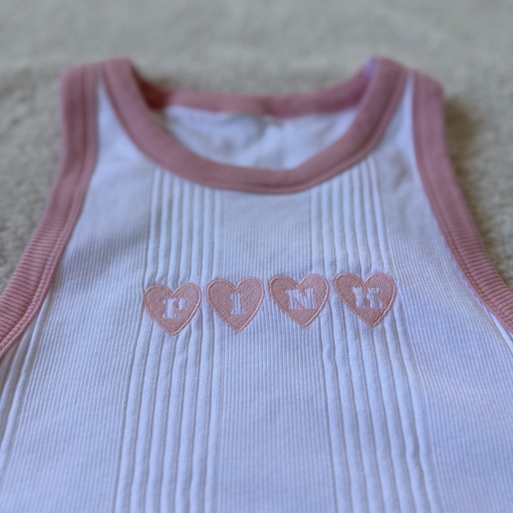 Victoria’s Secret PINK White Ribbed Tank Top with Pink Trim and Heart Embroidery - Picture 2 of 6